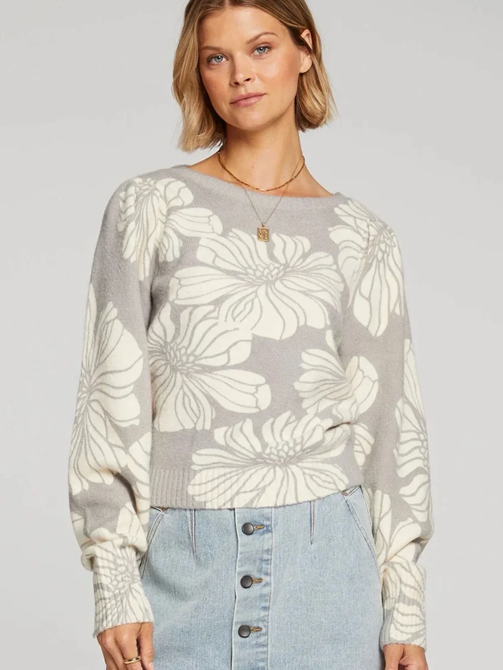 saltwater LUXE Floral Crewneck Sweater - Gray & Cream - Picture 1 of 3